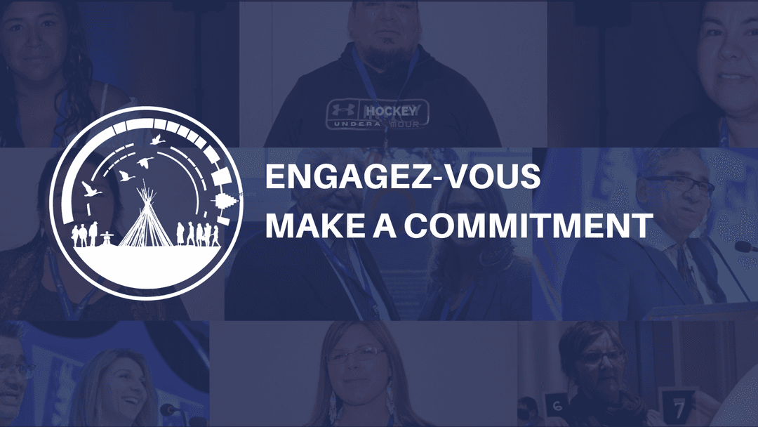 Des portraits de visage autochtone en mosaique avec un text dissant: Engagez-vous