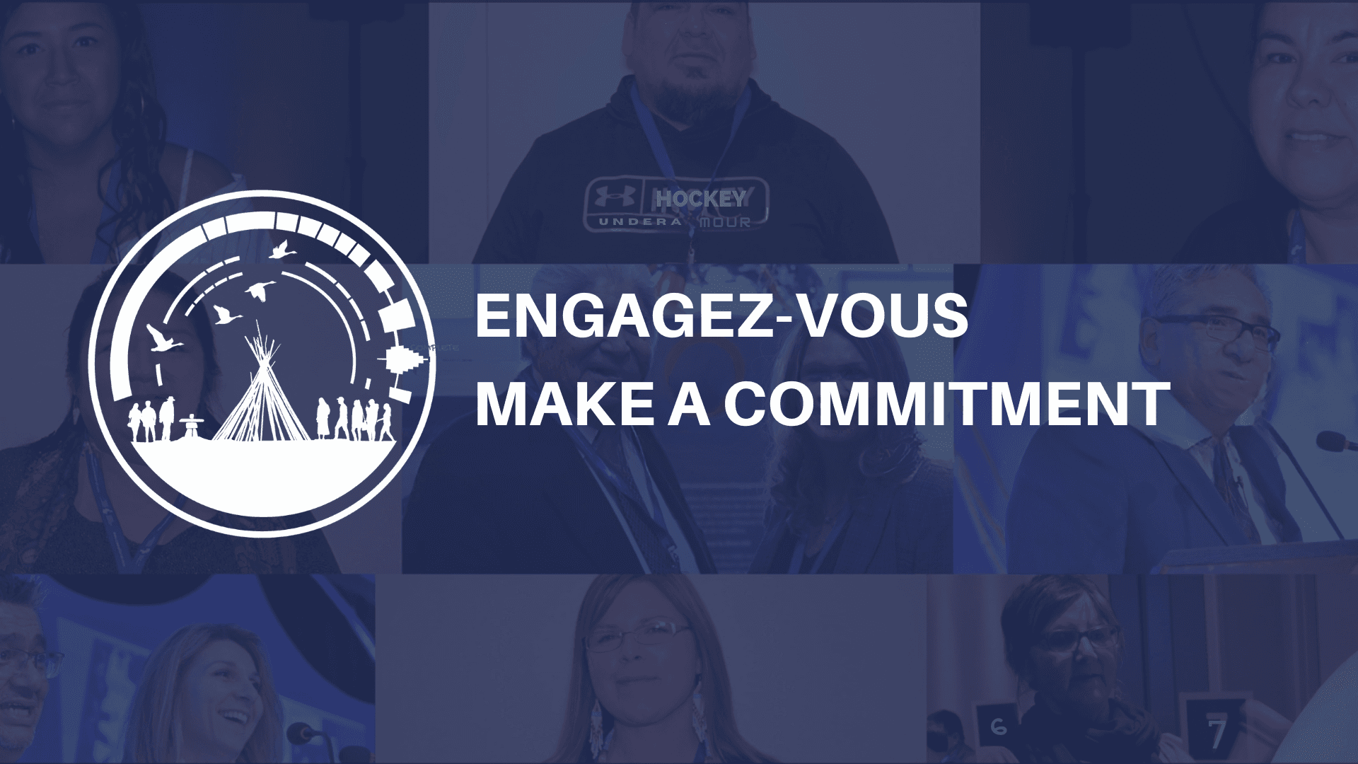 Des portraits de visage autochtone en mosaique avec un text dissant: Engagez-vous
